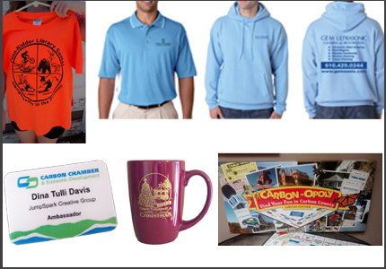 Various promotional products and apparel in collage