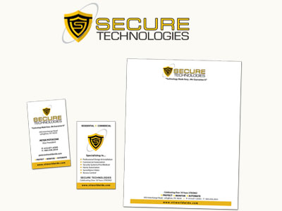 Secure Technologies logo, business cards, letterhead stationery